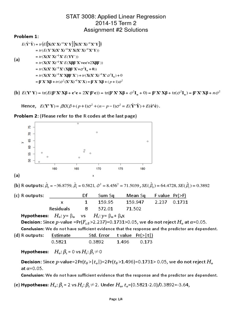 Solutions for STAT 3008 Regression | PDF | Errors And Residuals ...