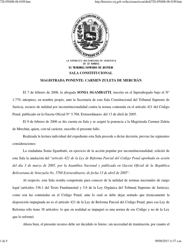 TSJ, NULIDAD Del Artículo 421 Del Código Penal de 2005 | PDF | Res ...