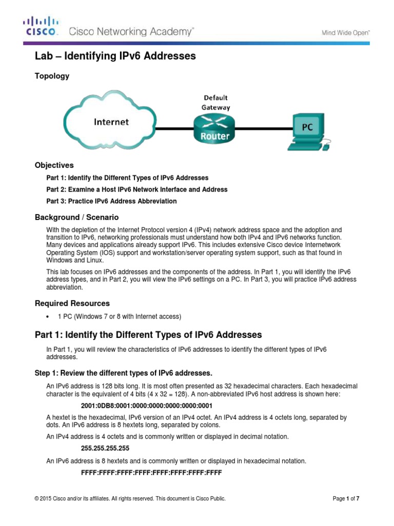 7.2.5.3 Lab - Identifying IPv6 Addresses | PDF | I Pv6 | Internet ...