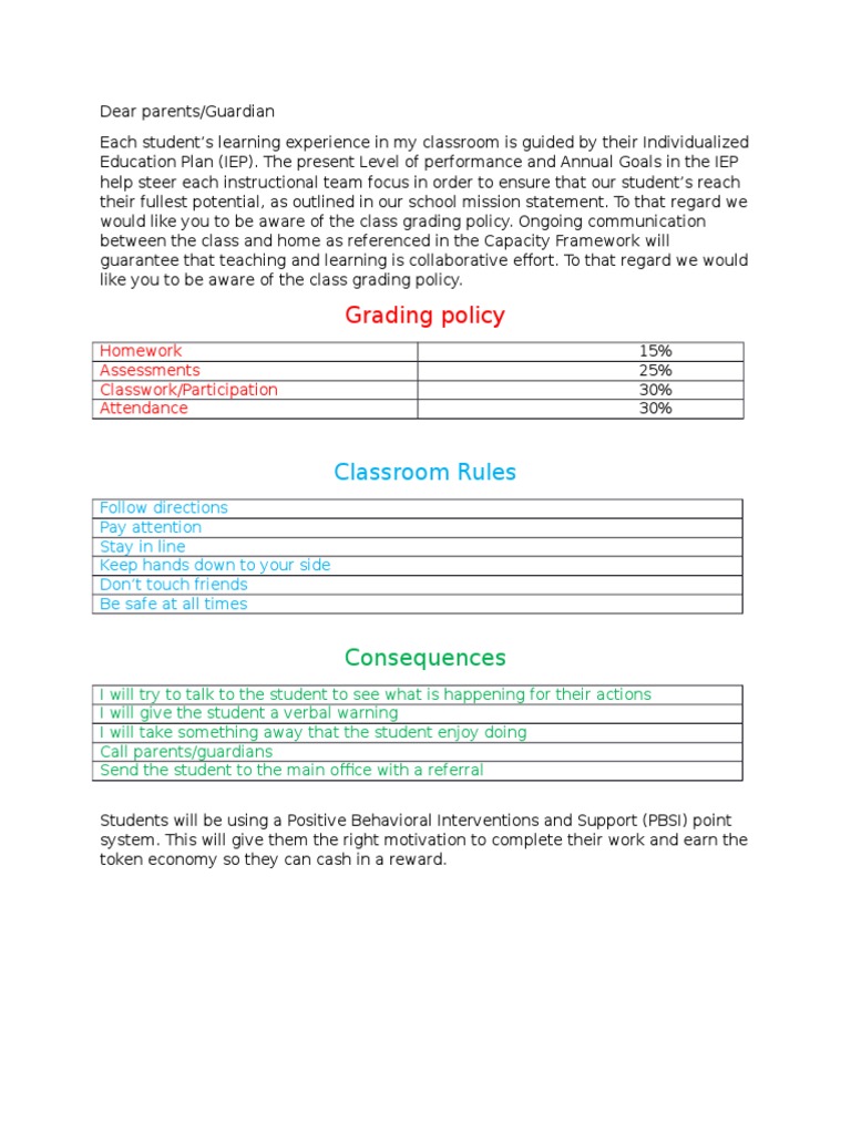 Classroom Grading and Behavior Policy | PDF