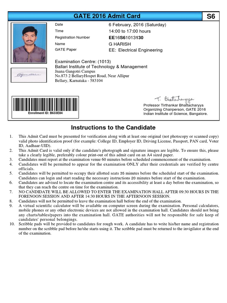 Gate 2016 admit card sample