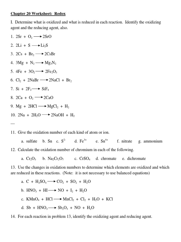 Chapter 20 Worksheet Redox Redox Chemistry