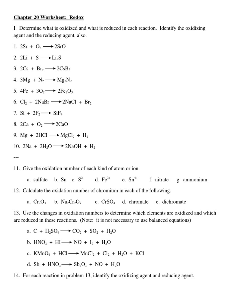 Assigning Oxidation Numbers Redox Reactions Worksheet