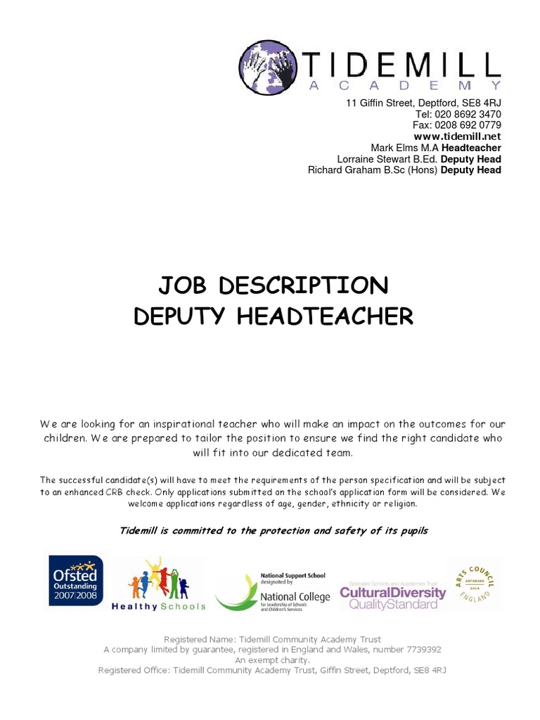 Deputy Headteacher Job Description And Person Specification | Pdf |  Evaluation | Teachers