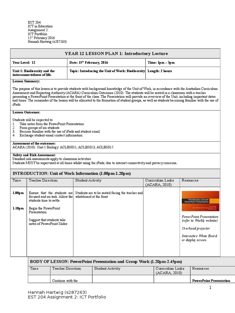 Lessonplan1 Introductorylecture | PDF | Educational Technology ...