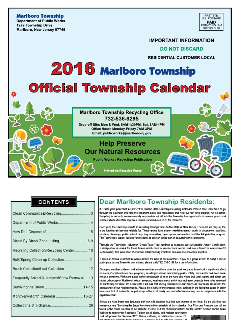 Marlboro Recycling Calendar 2016 PDF Battery (Electricity) Recycling