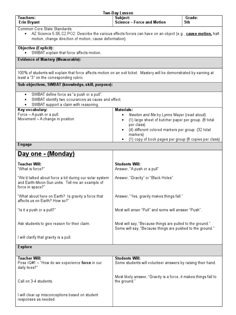 5th Grade Force and Motion Lesson Plan | PDF | Gravity | Force