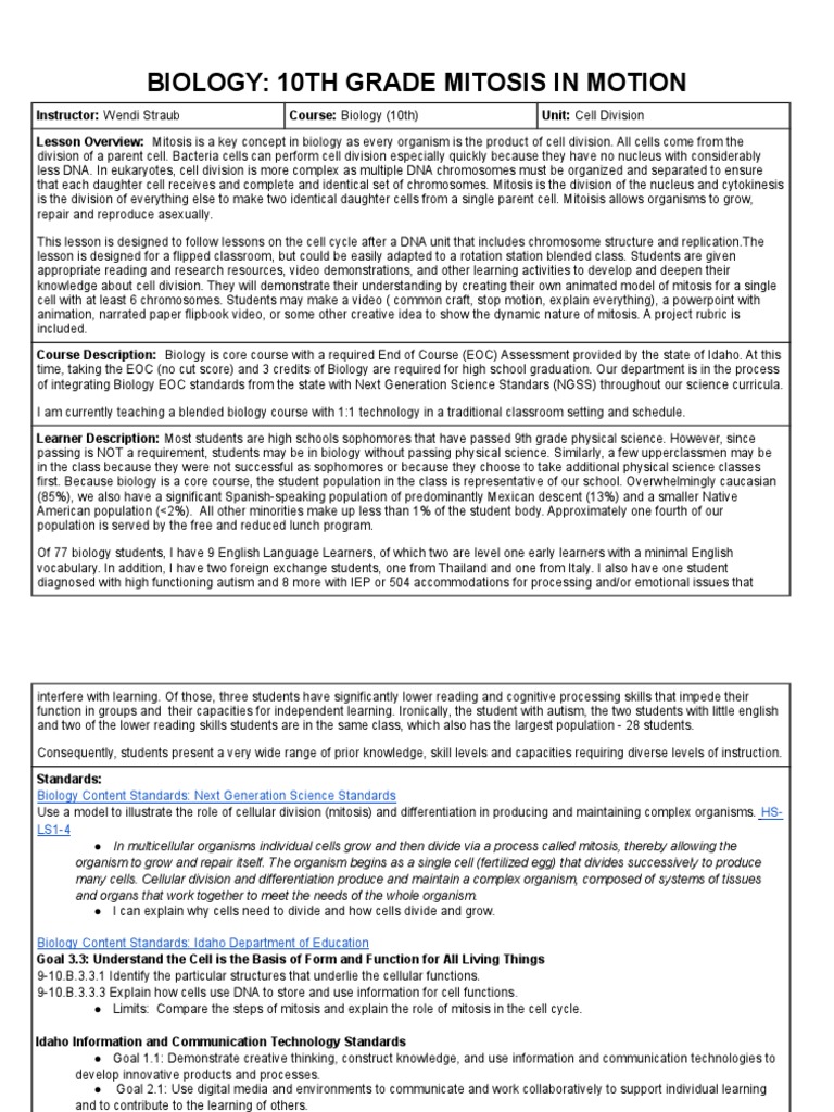 Mitosis Lesson Plan for 10th Grade | PDF | Mitosis | Chromosome