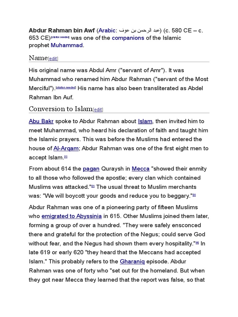 Abdur Rahman bin Awf: Biography and Legacy | PDF | Life Of Muhammad ...