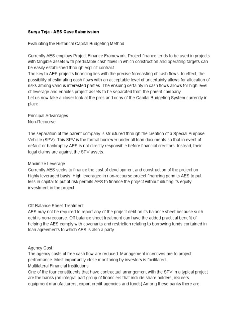AES Capital Budgeting Evaluation | PDF | Cost Of Capital | Leverage ...