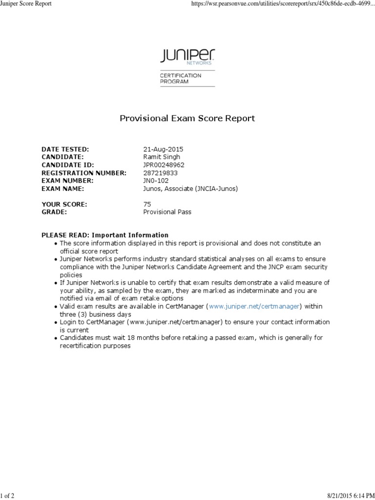 JNCIA-Junos Provisional Score Report | PDF