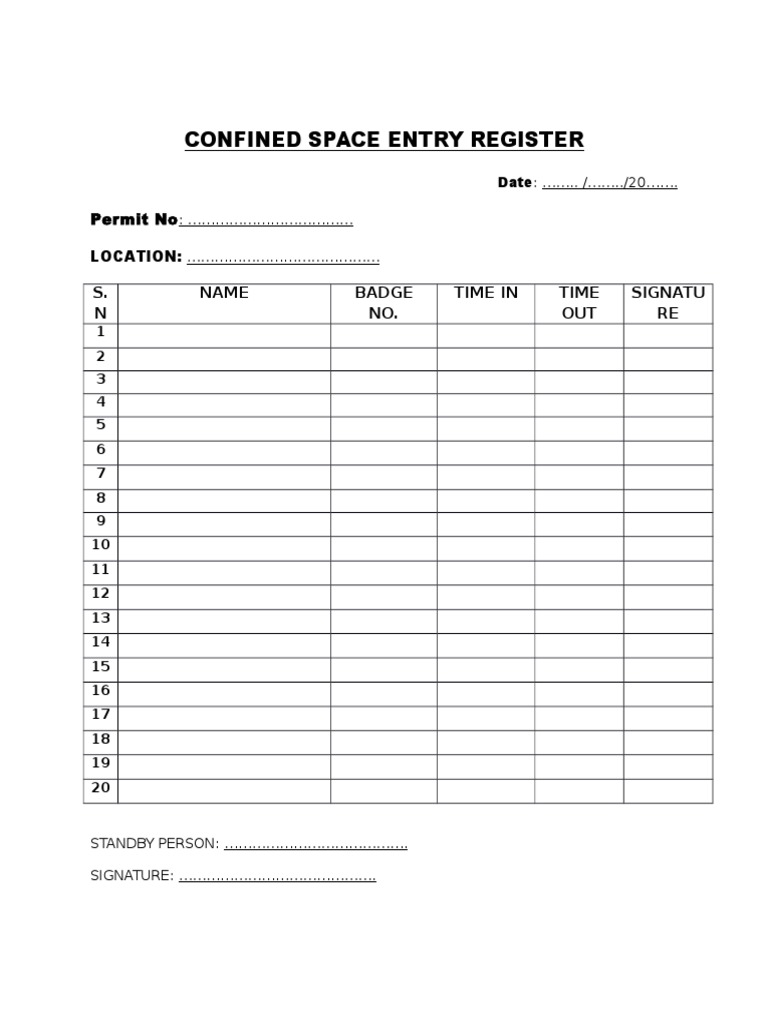 Confined Space Entry Log Sheet | PDF