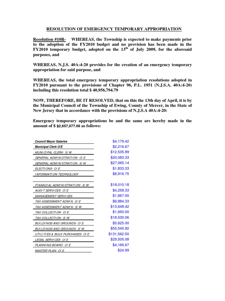 Resolution of Emergency Temporary Appropriation April 2010 | PDF ...