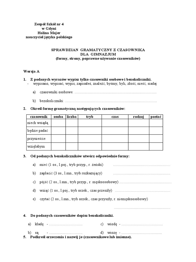 Sprawdzian Język Polski Klasa 5 Nowa Era Czasownik
