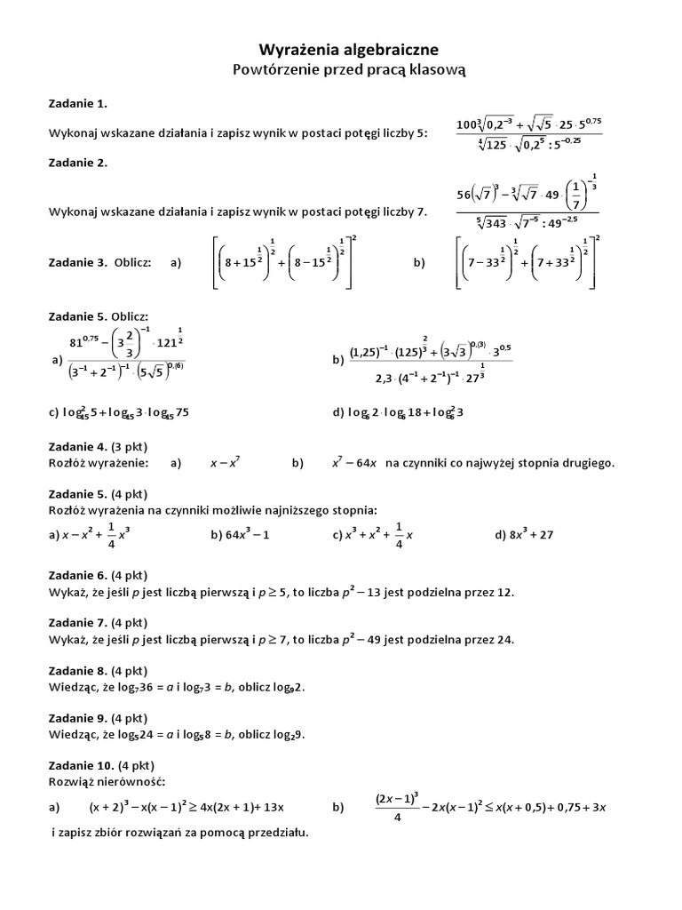 Wyrażenia Algebraiczne Klasa 1 Liceum Sprawdzian