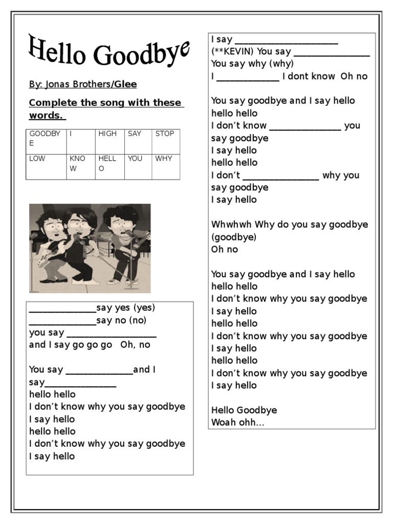 Hello Goodbye Song Worksheet | PDF | Cooking, Food & Wine