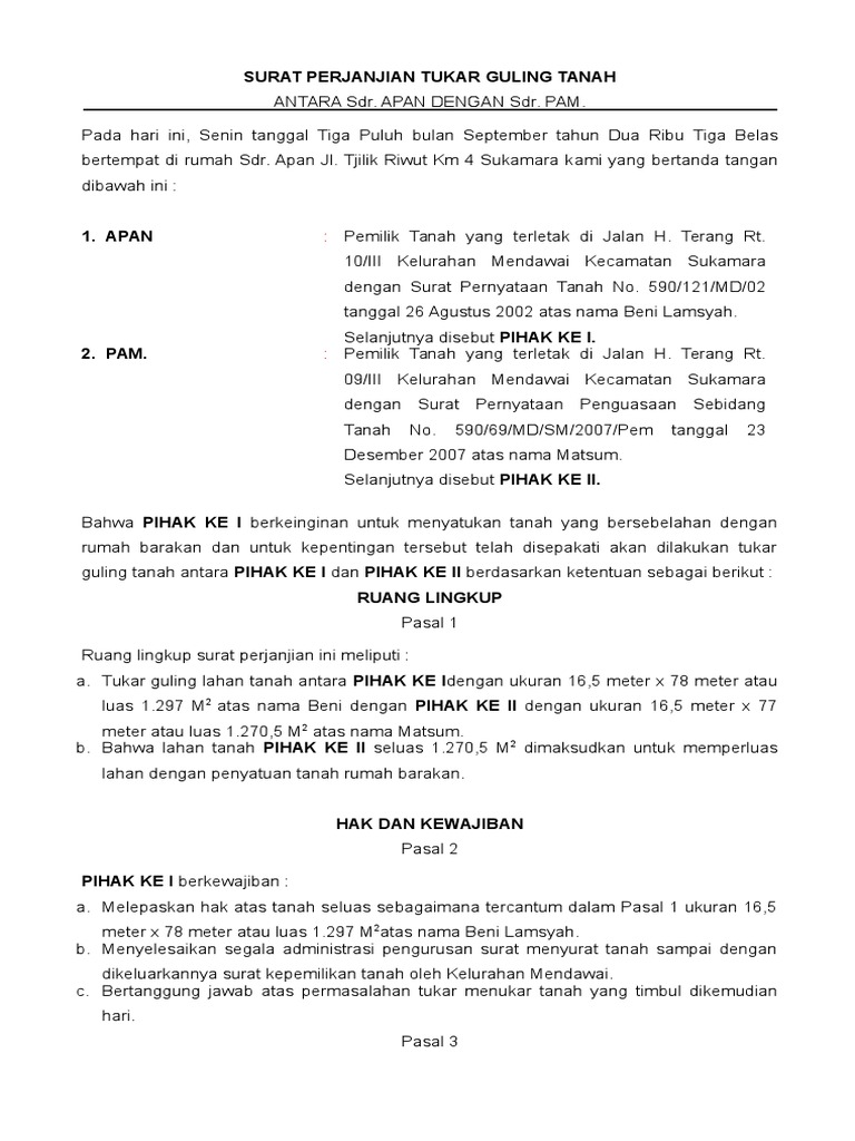 Surat Perjanjian Tukar Guling Tanah