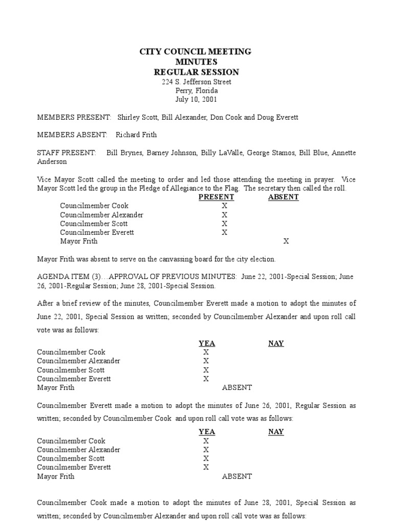 City Council Meeting Minutes Regular Session: Present Absent | PDF ...