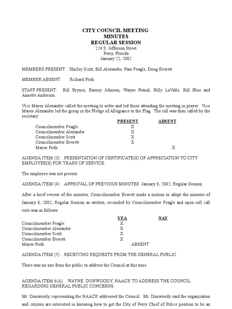 City Council Meeting Minutes Regular Session: Present Absent | PDF ...