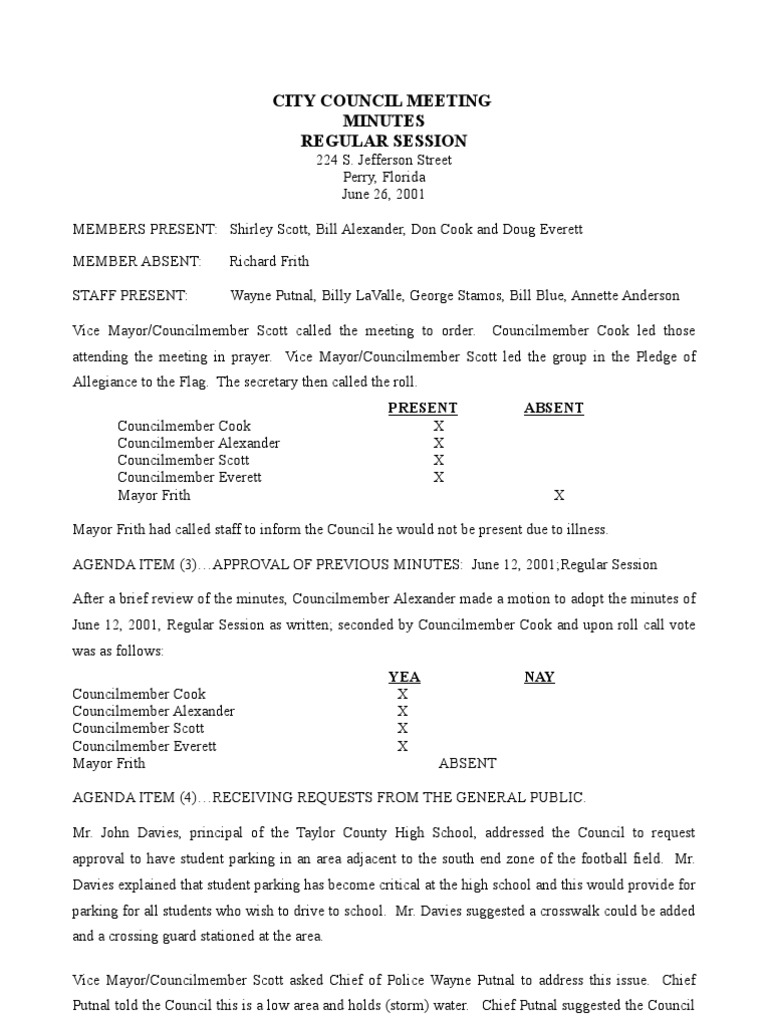 City Council Meeting Minutes Regular Session: Present Absent | PDF ...