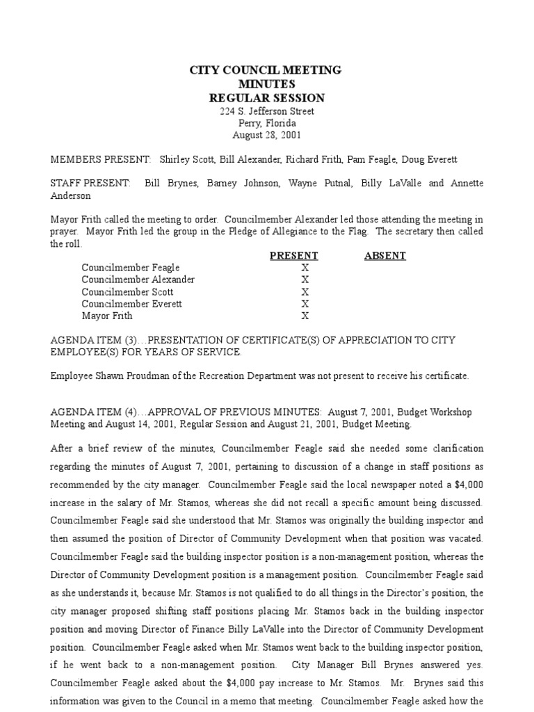 City Council Meeting Minutes Regular Session: Present Absent | PDF ...
