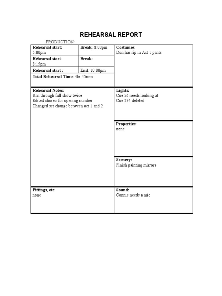 Rehearsal Report Summary and Notes | PDF | Art