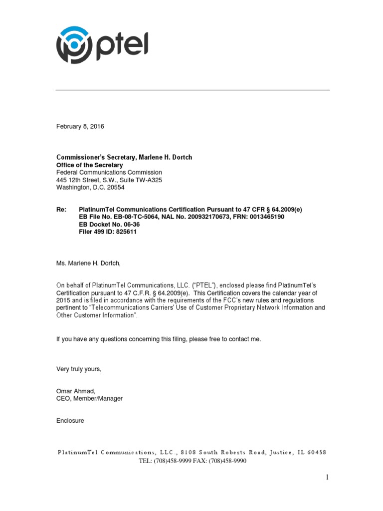 2015 FCC CPNI Certification2 PDF | PDF | Http Cookie | Information ...