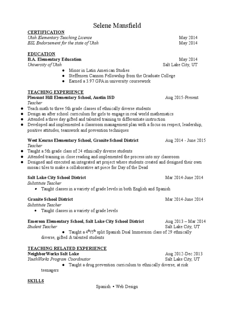 Utah Elementary Teacher Resume | PDF
