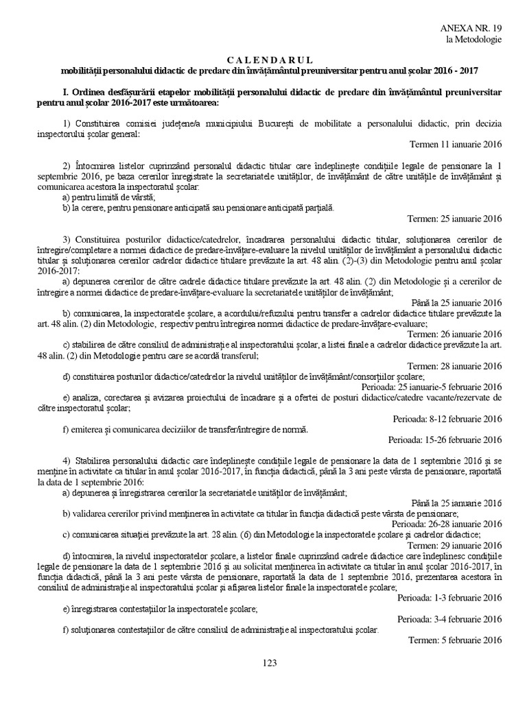 Calendarul Mobiltatii Personalului Didactic de Predare Din Invatamantul