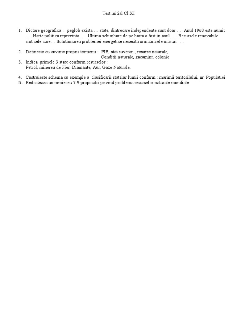 Test Initial CL XI Geografie | PDF