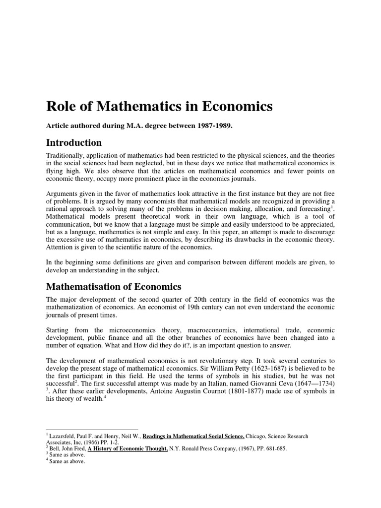 Role of Mathematics in Economics PDF | PDF | Economic Model ...