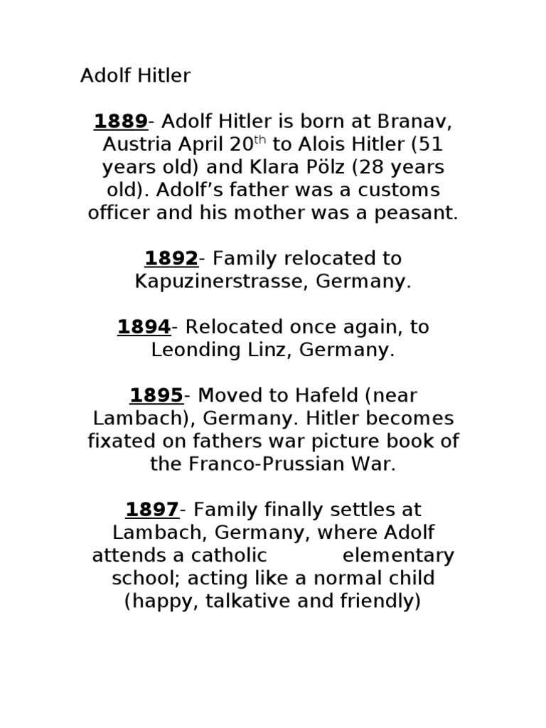 Adolf Hitler's Early Life Timeline | PDF | Adolf Hitler | Nazi Leaders
