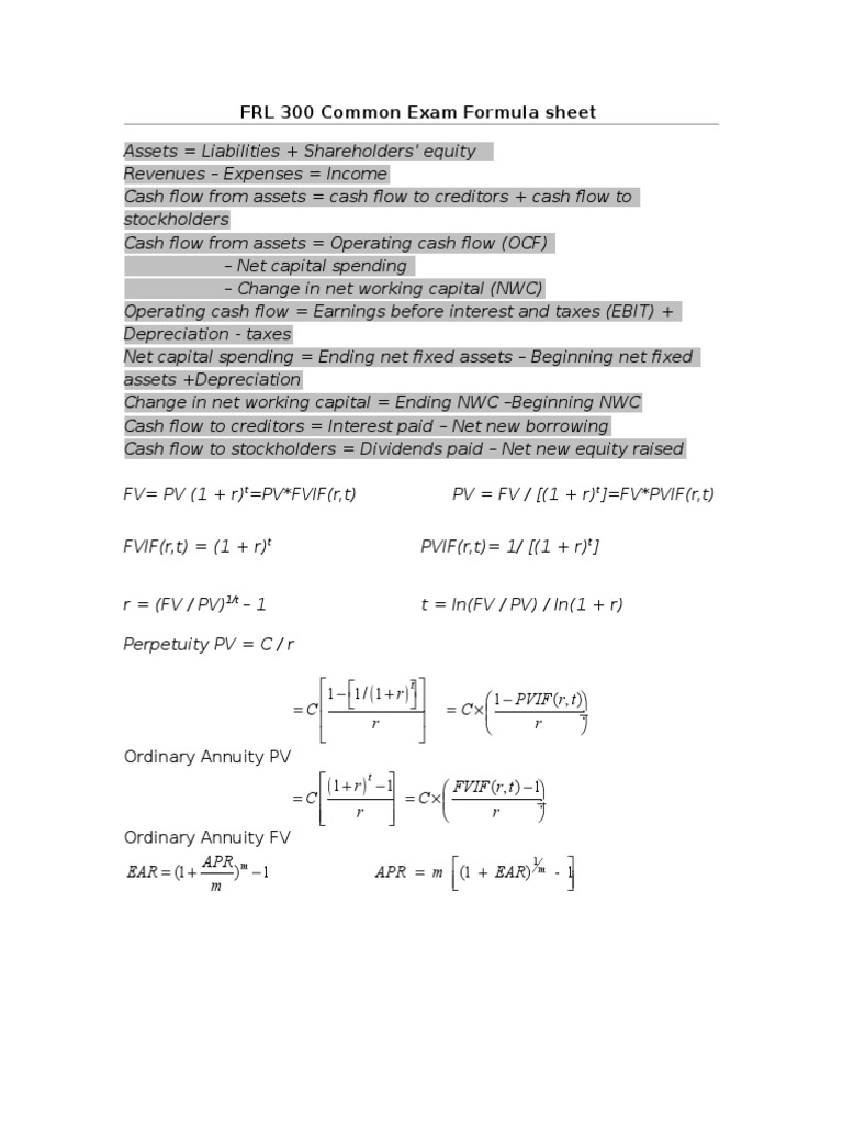 FRL 300 Exam Formula Overview | PDF | Finance & Money Management ...