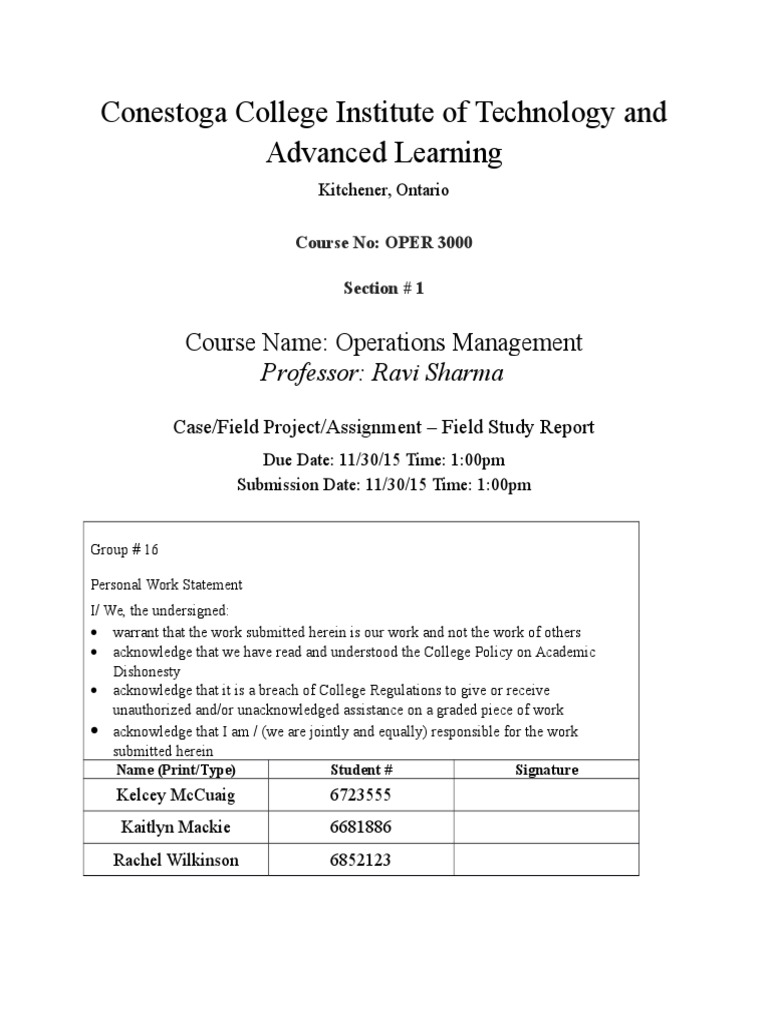 Conestoga College Institute of Technology and Advanced Learning PDF