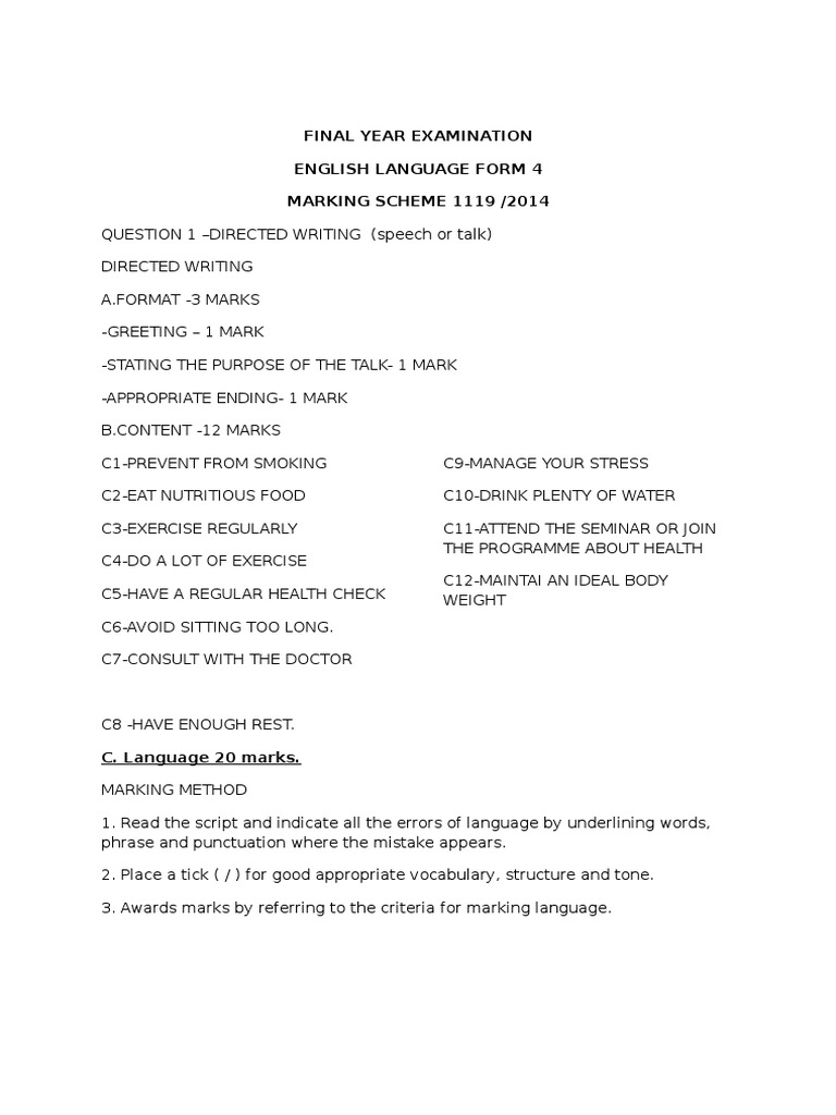 Final Year Examination English Language Form 4 MARKING SCHEME 1119 / ...