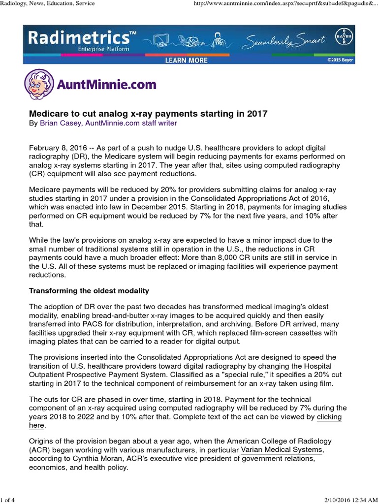 Medicare to Cut Analog Xray Payments Starting 2017 Radiology