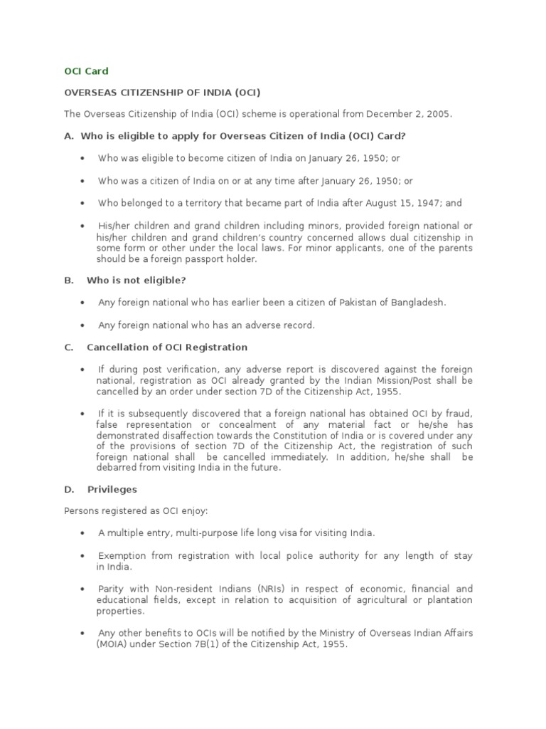 Overseas Citizenship Of India Oci Pdf Nationality Law Government