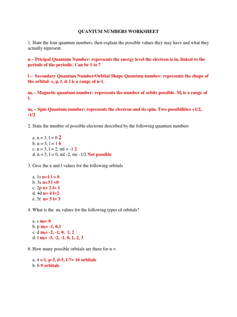 Quantum Numbers Worksheet Pdf Business