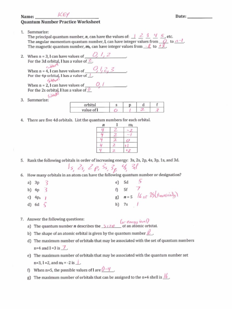 Quantum Numbers Multiple Choice Worksheet