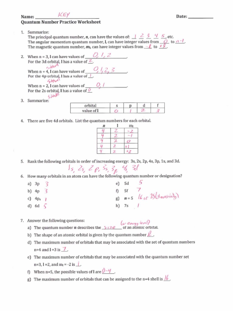 Quantum Number Practice Worksheet Set 2