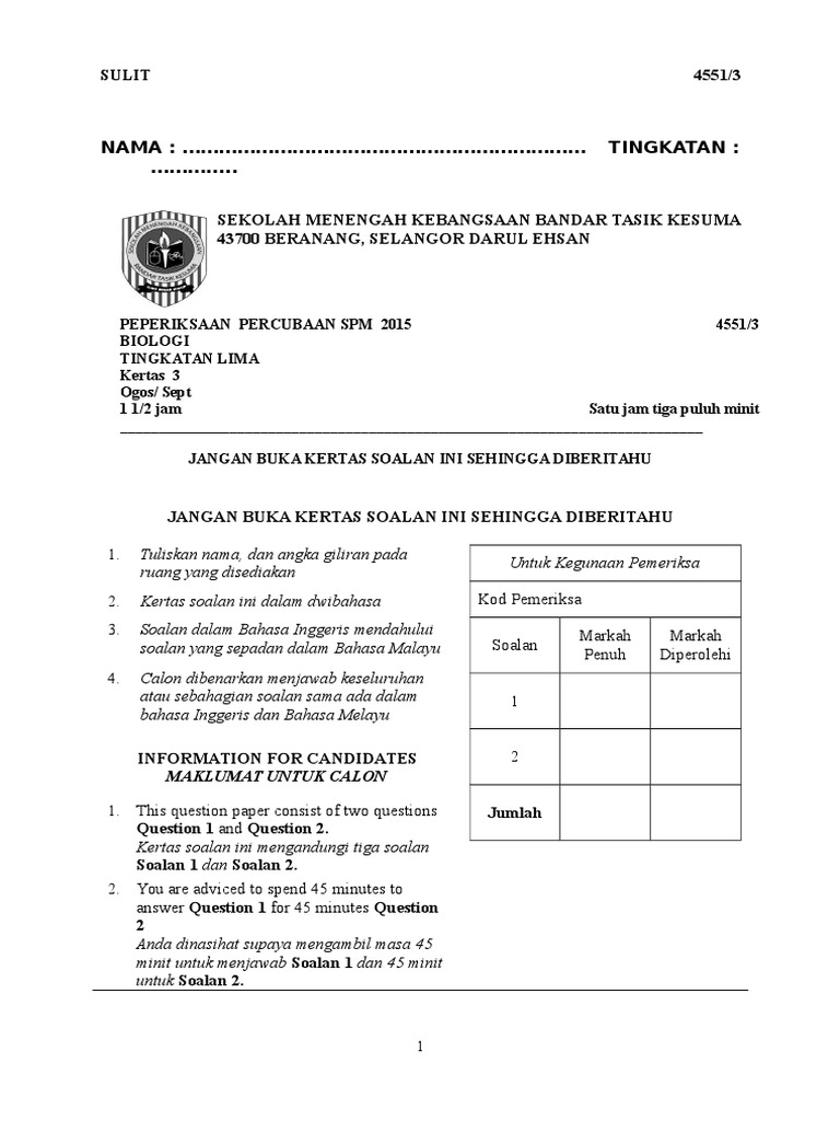 Soalan Kertas 3 biologi Percubaan Spm 2015