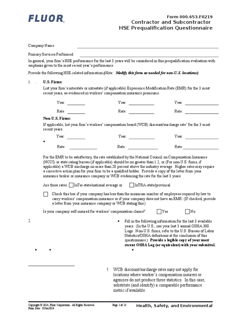Safety Questionnaire Occupational Safety And Health Administration