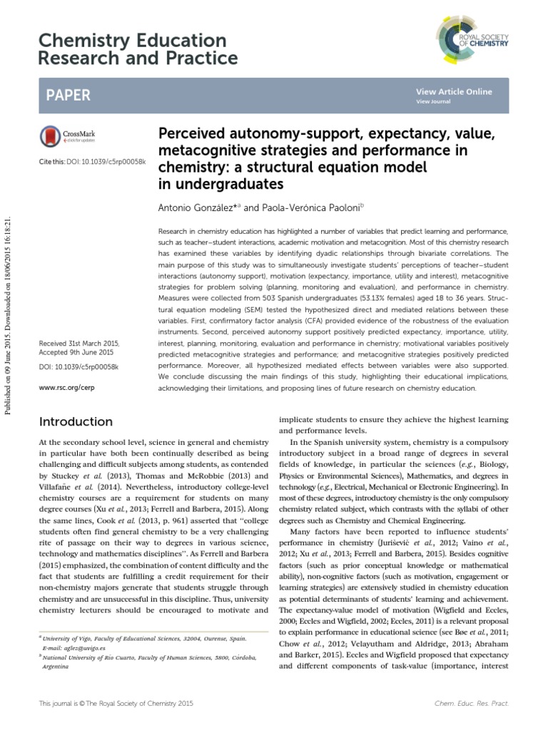 Chemistry Education Research and Practice Paper PDF Metacognition