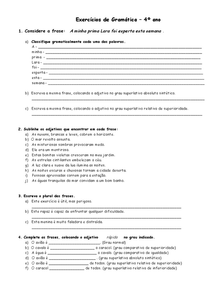 Exercícios De Gramática 4 Ano