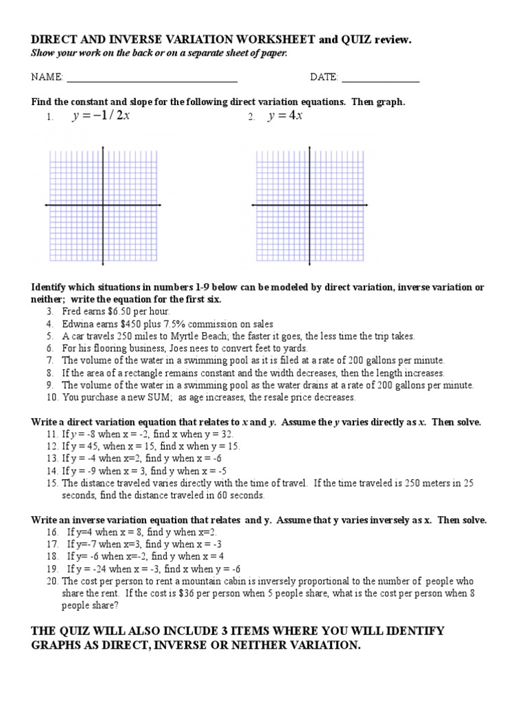Direct and Inverse Variation Worksheet  Teaching Mathematics  Nature Intended For Direct Variation Worksheet Answers