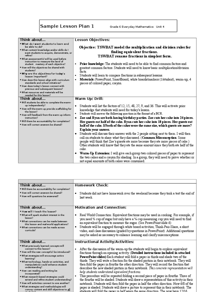 math 6 sample lesson plans | Fraction (Mathematics) | Educational