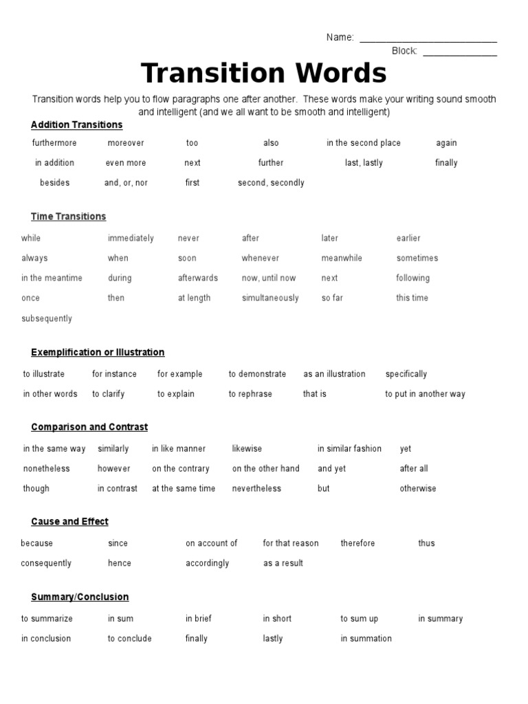 Transition Words Addition Transitions PDF