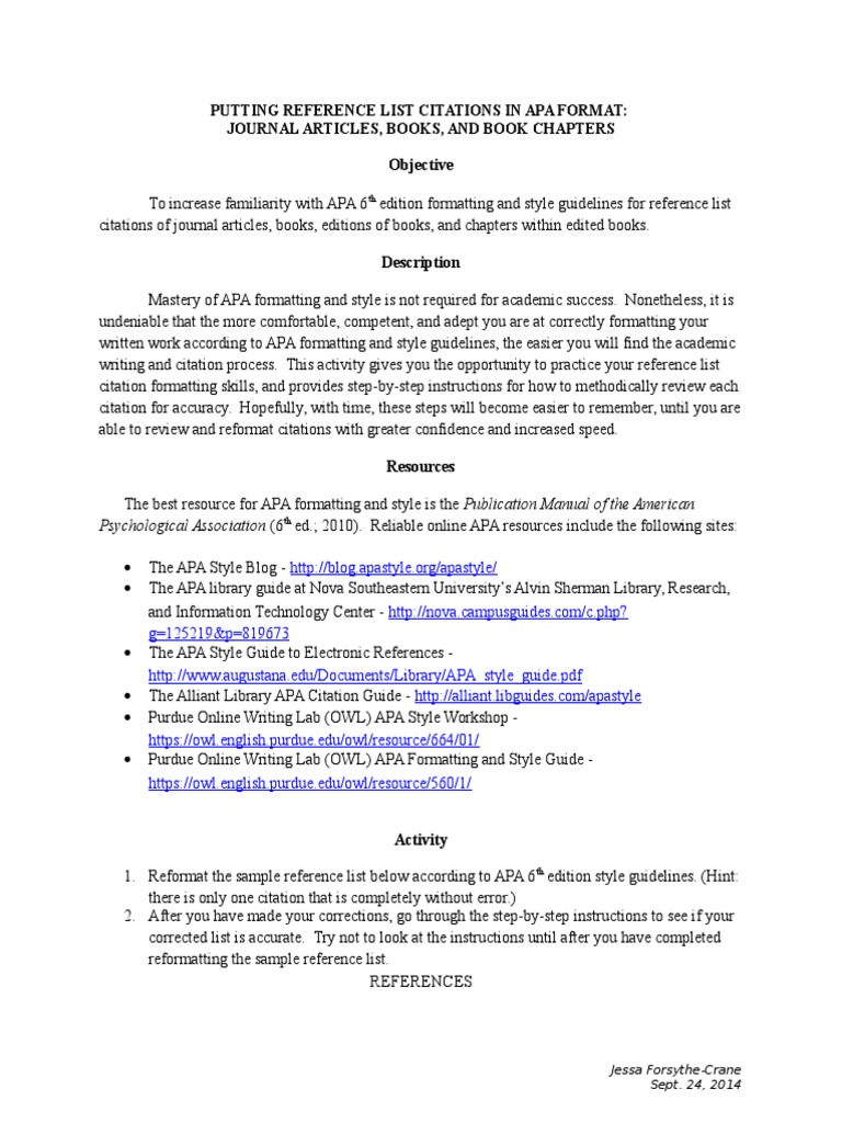 Apa Formatting Activity Reference List Citations 1 PDF