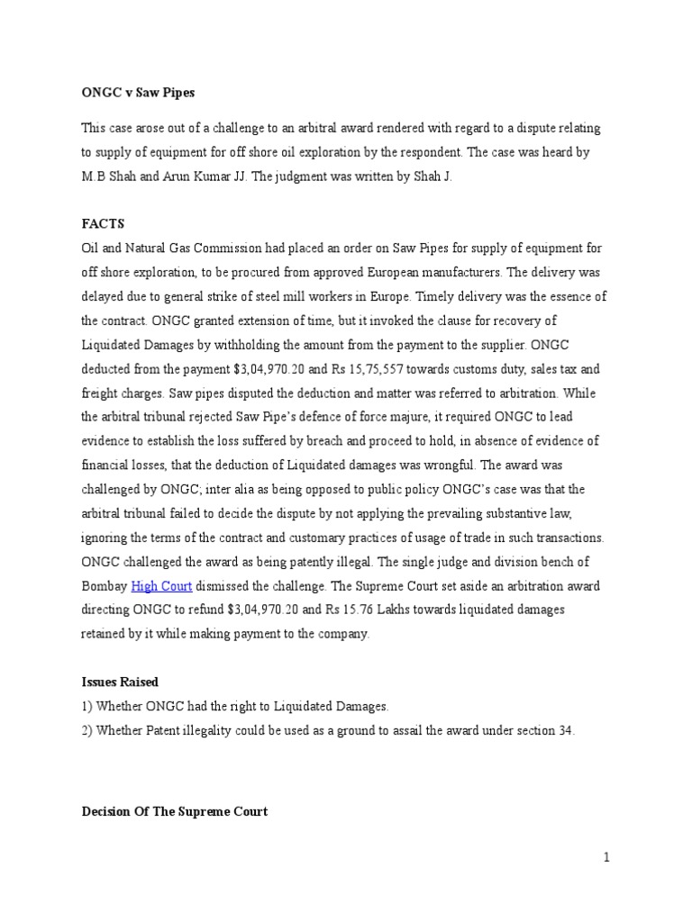 ONGC V Saw Pipes PDF Liquidated Damages Public Policy Doctrine