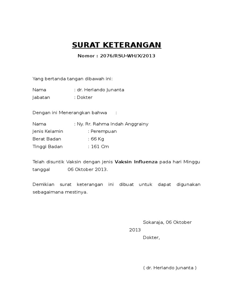 Contoh Surat Keterangan Vaksin